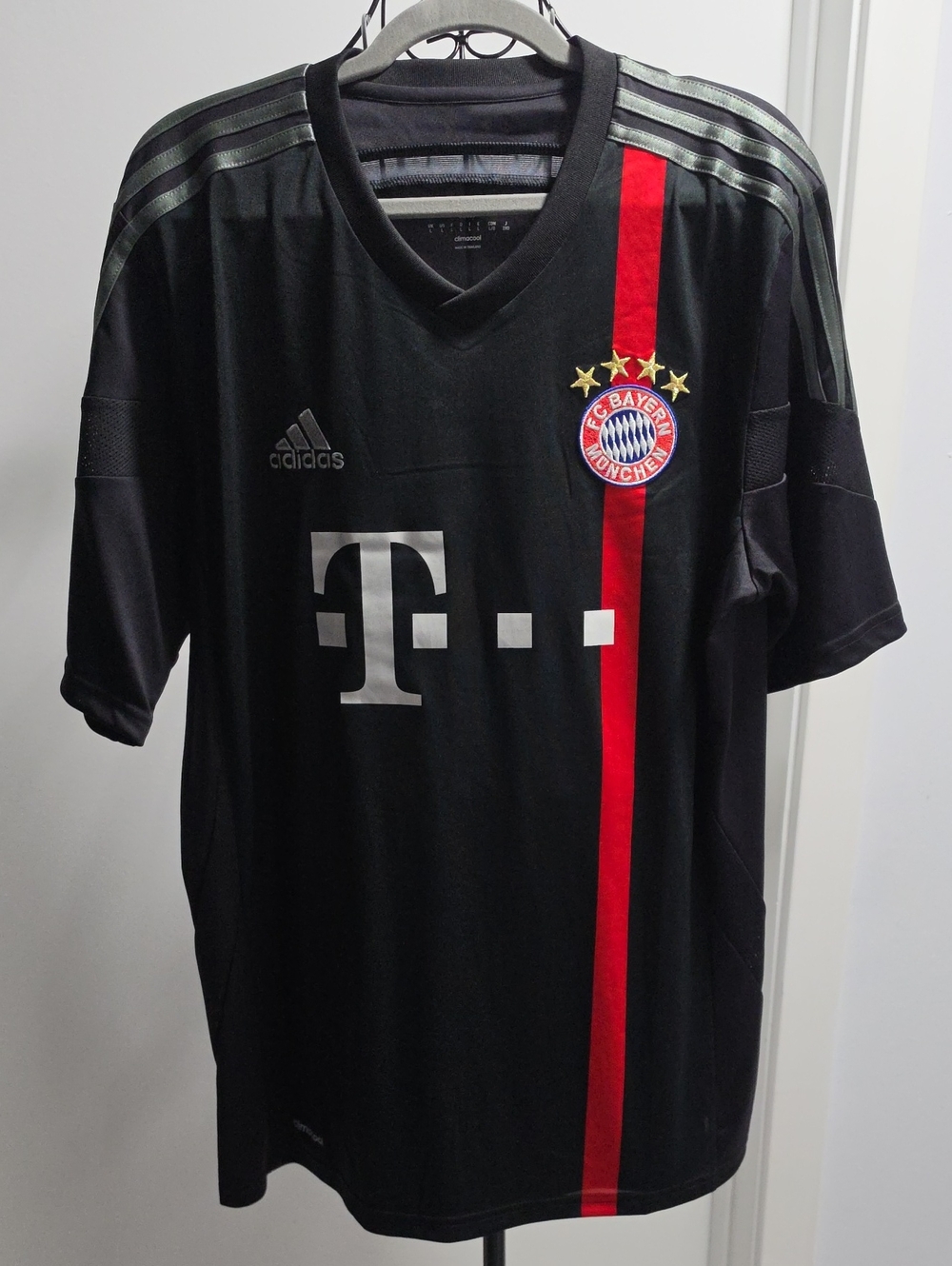 adidas Black Soccer Jersey with Red Stripe and Silver Logos